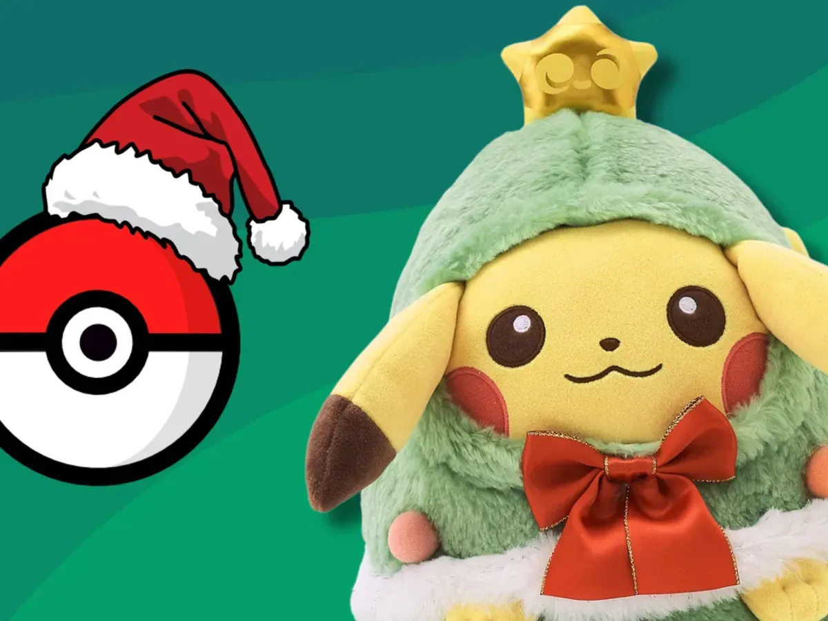 Close view of a Pikachu plush dressed as a Christmas tree with a star on its head