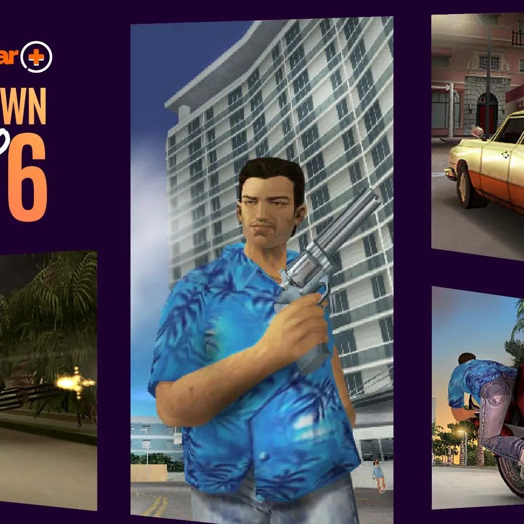 A collage of GTA Vice City screenshots including Tommy wielding guns and driving cars through the sunny location, with the Countdown to GTA 6 GamesRadar+ branding