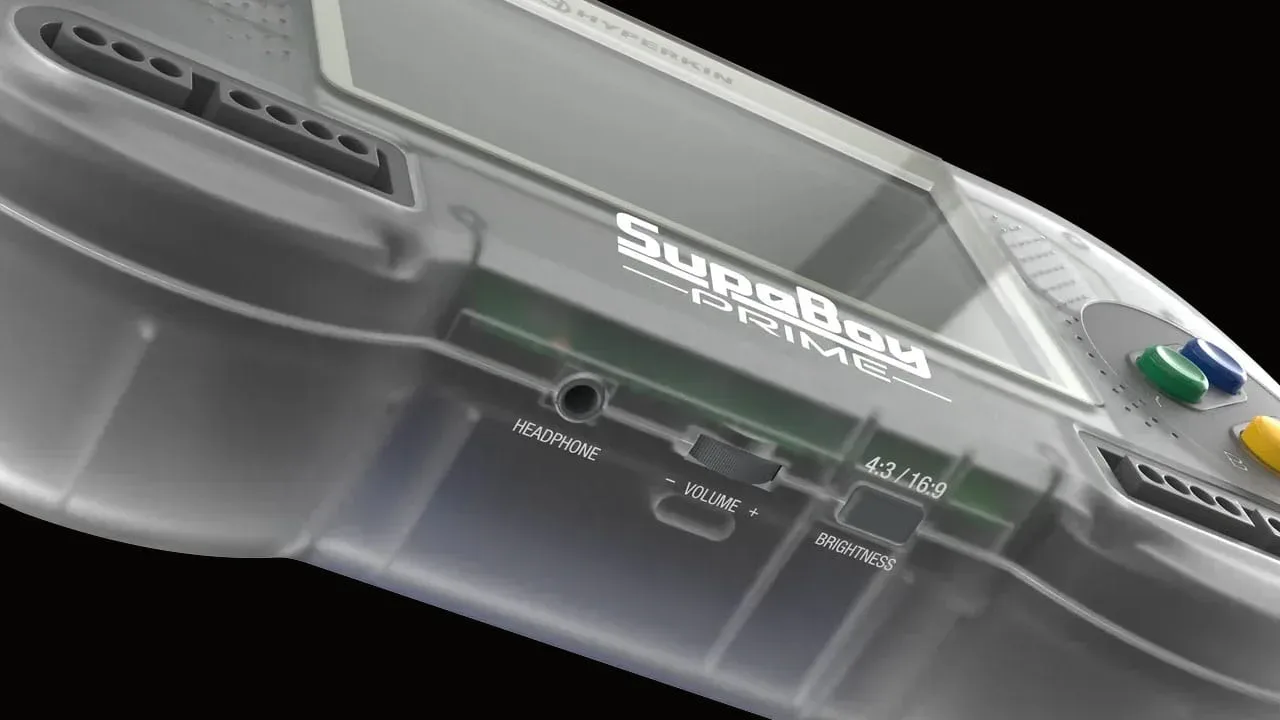 Transparent Prime Hyperkin SupaBoy handheld with SNES cartridge slot