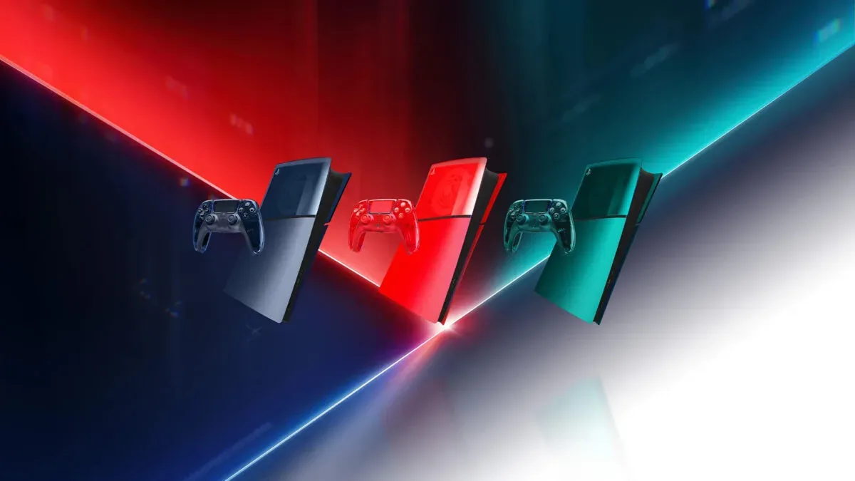 PlayStation Prism Collection DualSense controllers in Flare Orange, Emerald Green and Graphite Gray