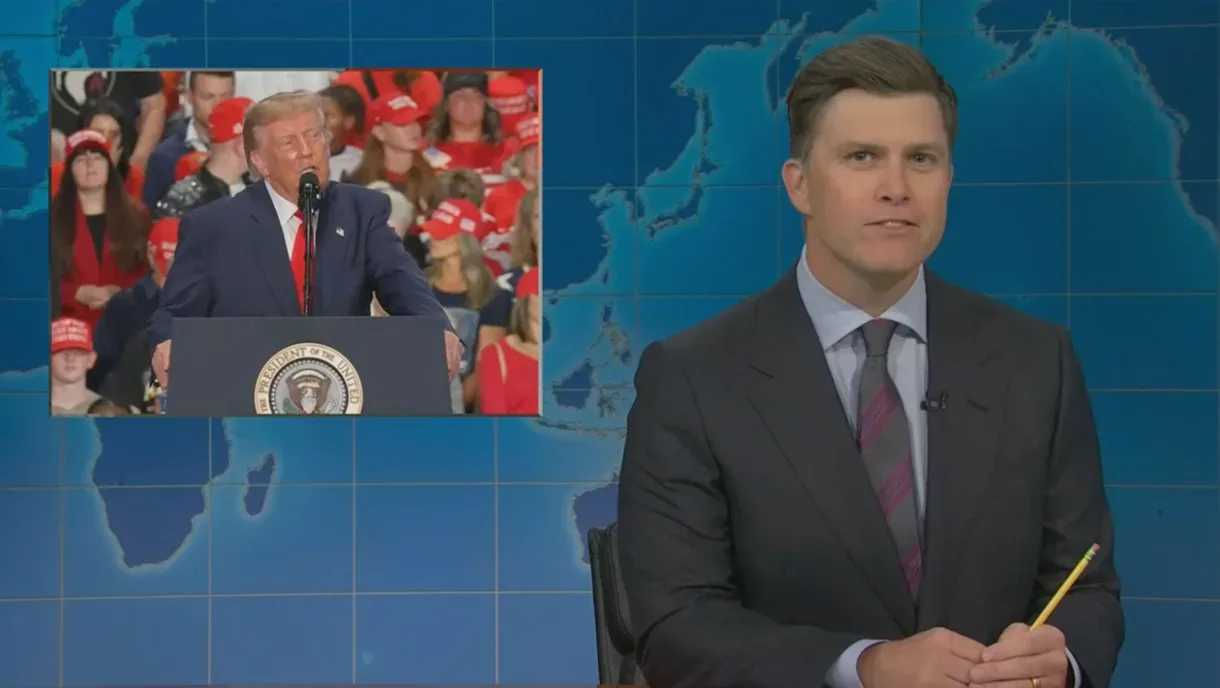 Colin Jost and Michael Che at the Weekend Update desk on Saturday Night Live