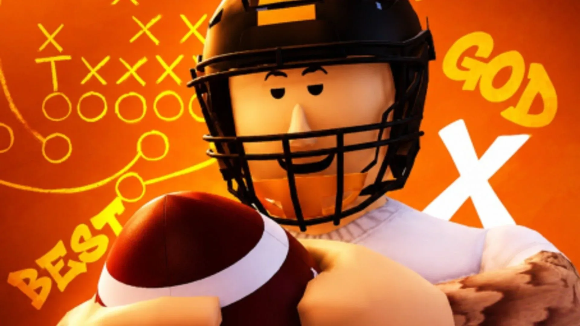 An American Football players holds a ball and wears a helmet in Driven Football on Roblox.