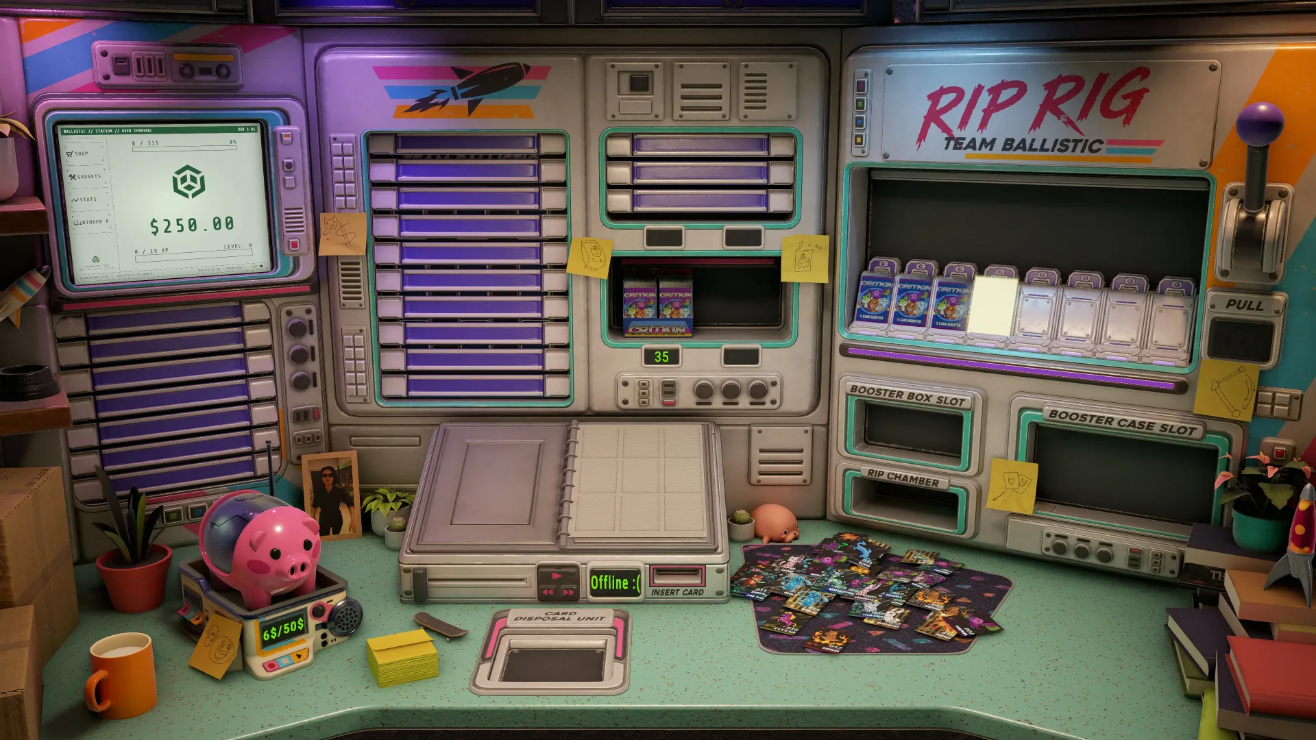 Cards emerging from the Rip It! Card Collector processing rig