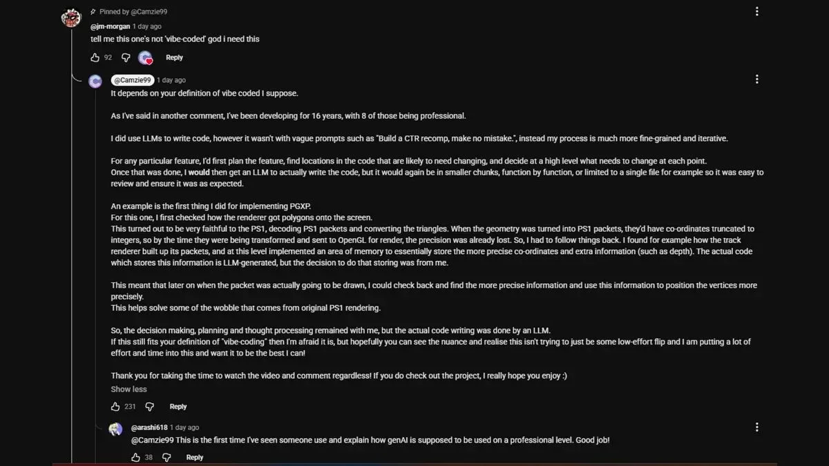 Reply by CRT Turbocharged developer Camzie99 explaining use for LLMs.