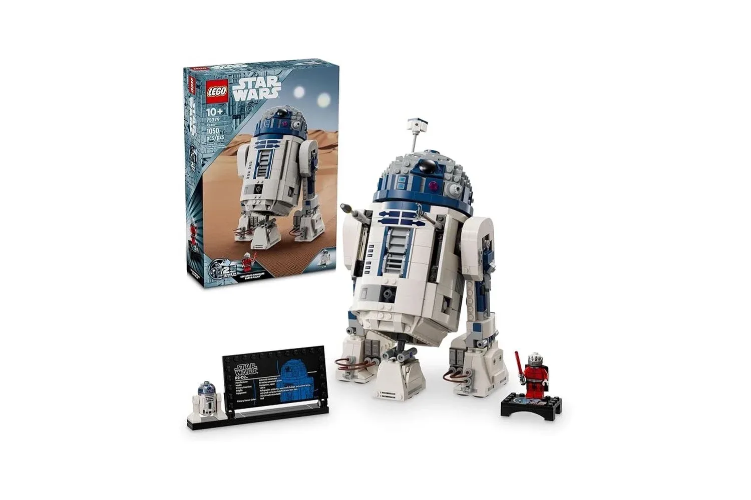 LEGO Star Wars R2-D2 buildable figure displayed with its stand and information plaque