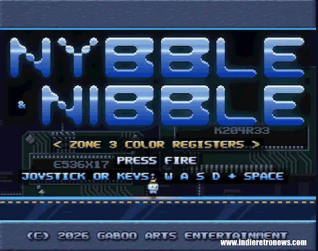 NYBBLE & NIBBLE Amiga gameplay showing Nybble in a glowing circuit-board platforming room