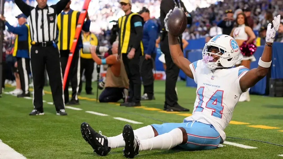 Tennessee Titans rookie receiver Carnell Tate catches a touchdown pass against the Indianapolis Colts.