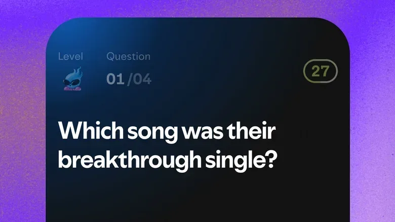 Music trivia prompts featuring artist track previews and album-cover reveals