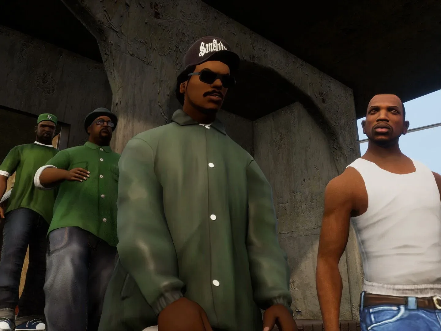 Protagonist Carl "CJ" Johnson walking out of a house in GTA San Andreas with Melvin Harris (Big Smoke), Lance Wilson (Ryder), and Sean Johnson (Sweet)