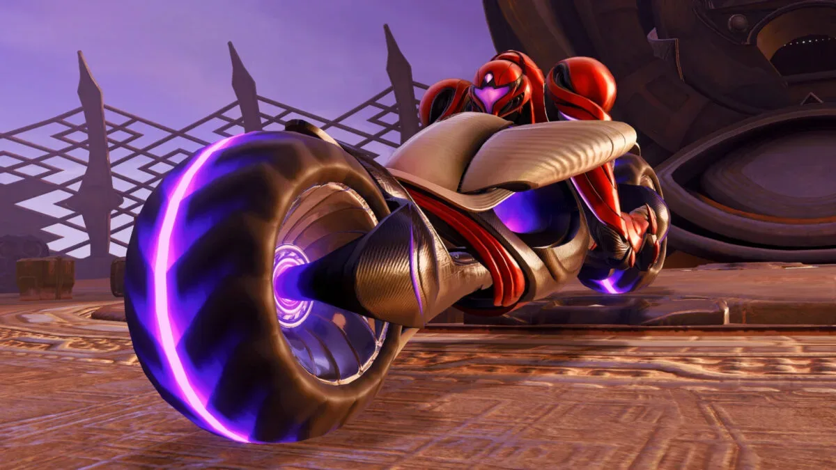 Samus riding a bike across the dunes of Sol Valley in Metroid Prime 4