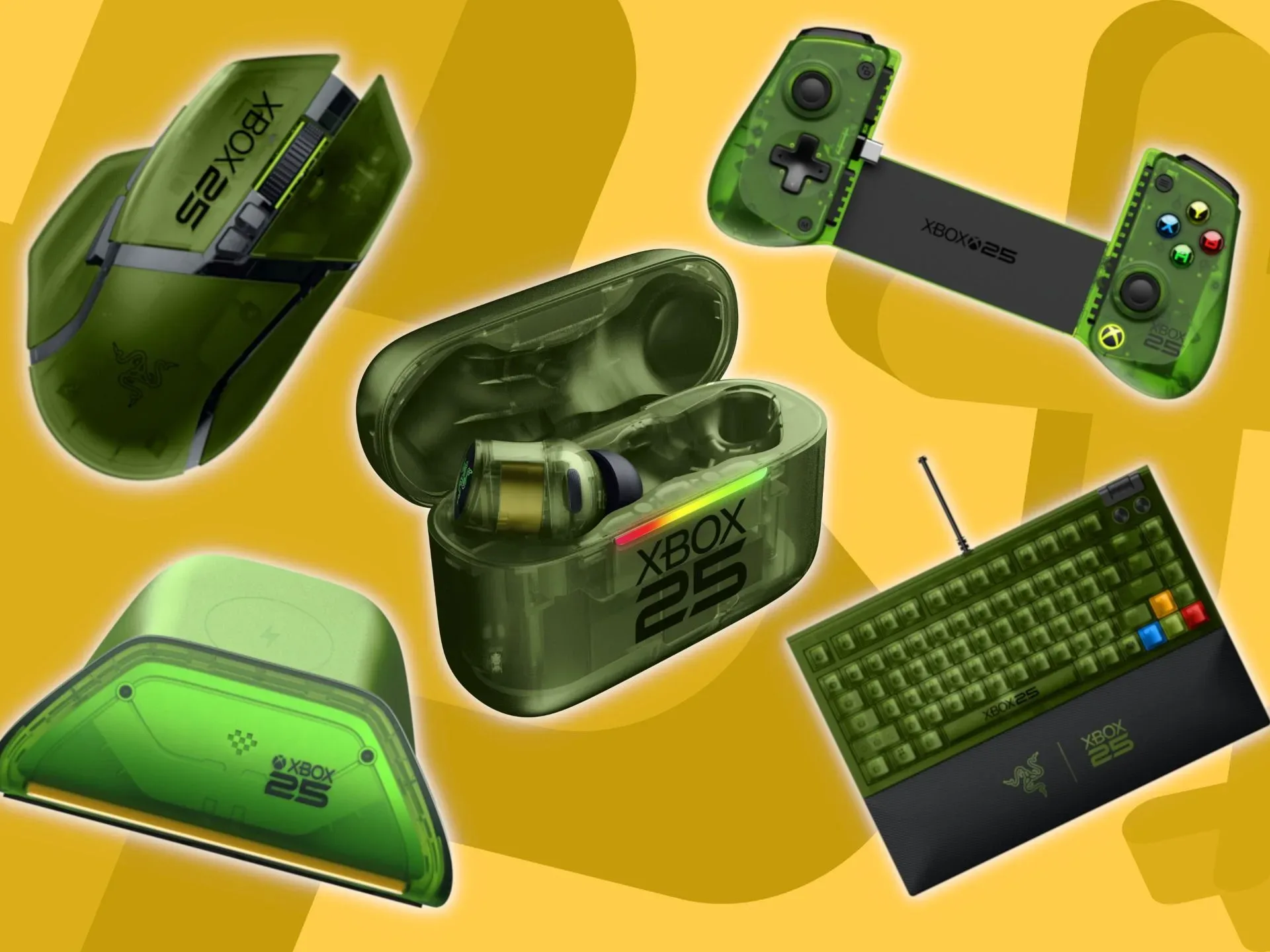 Xbox X25 special edition translucent green tech from Razer, 8BitDo, and GameSir on a yellow background