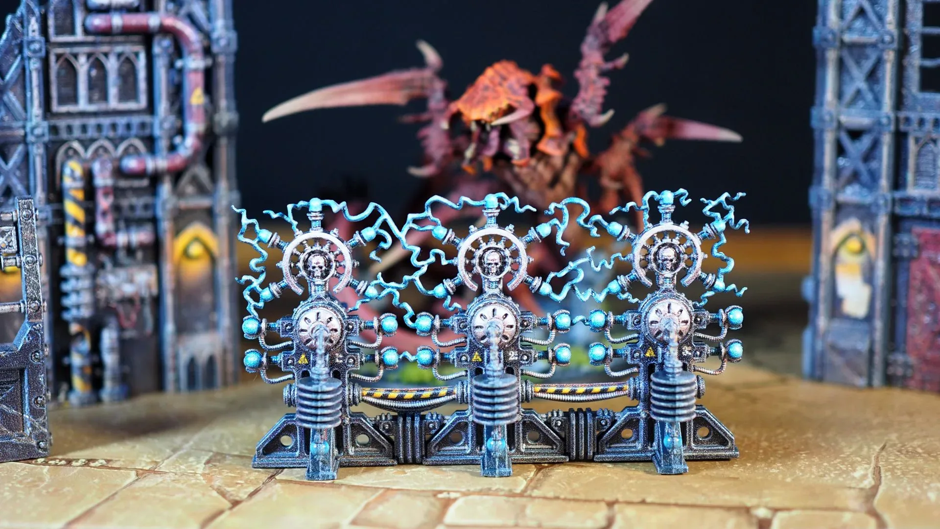 Pre-painted Warhammer 40,000 Battlefields: Armageddon terrain assembled into an industrial battlefield