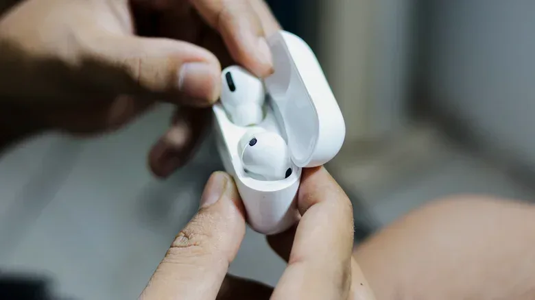 Two hands holding the AirPods charging case.