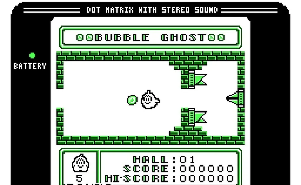 Ghost guiding a soap bubble through a haunted fortress room in Bubble Ghost