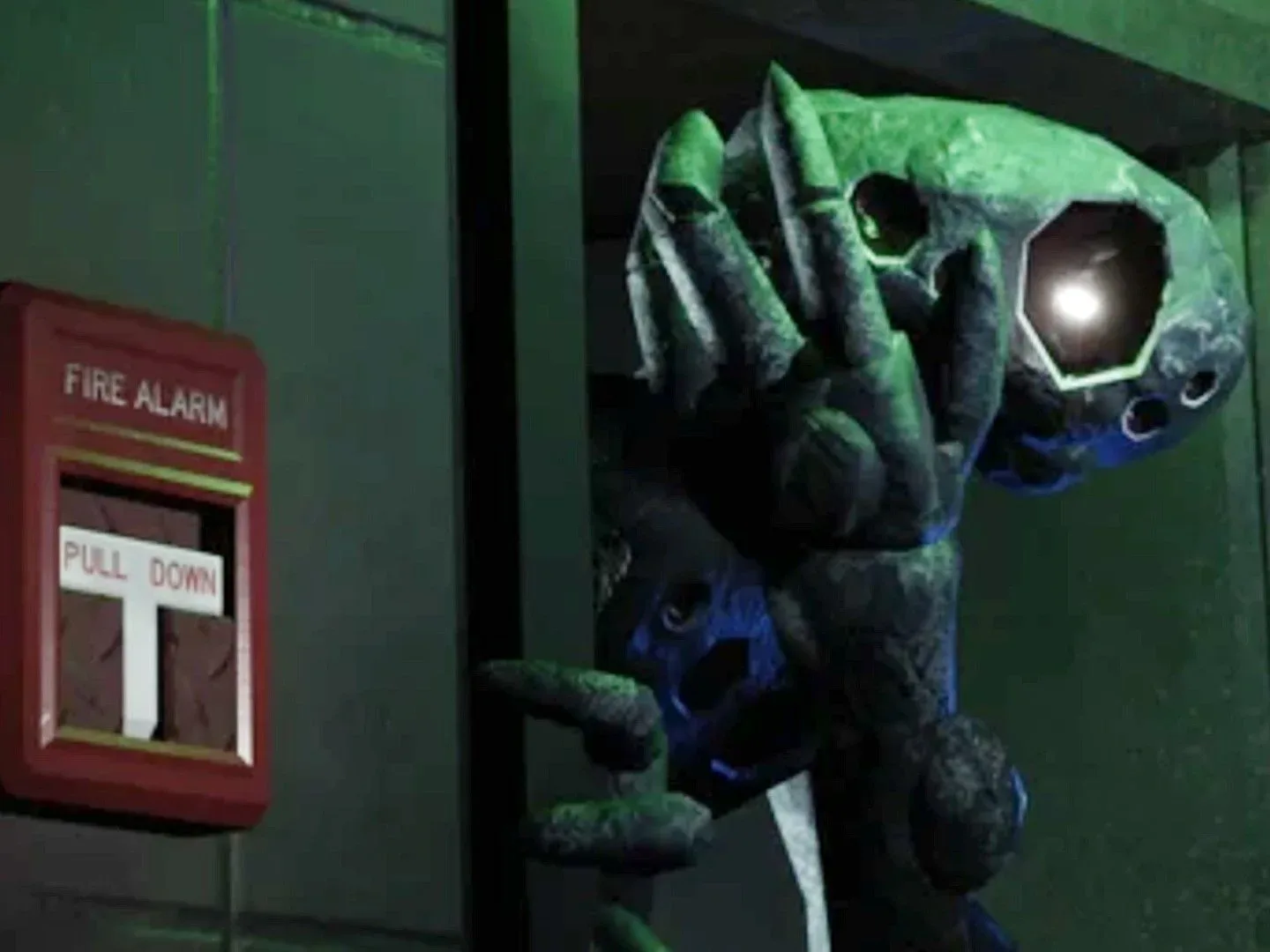 An alien peeks round a door in a promotional image for Doors on Roblox.