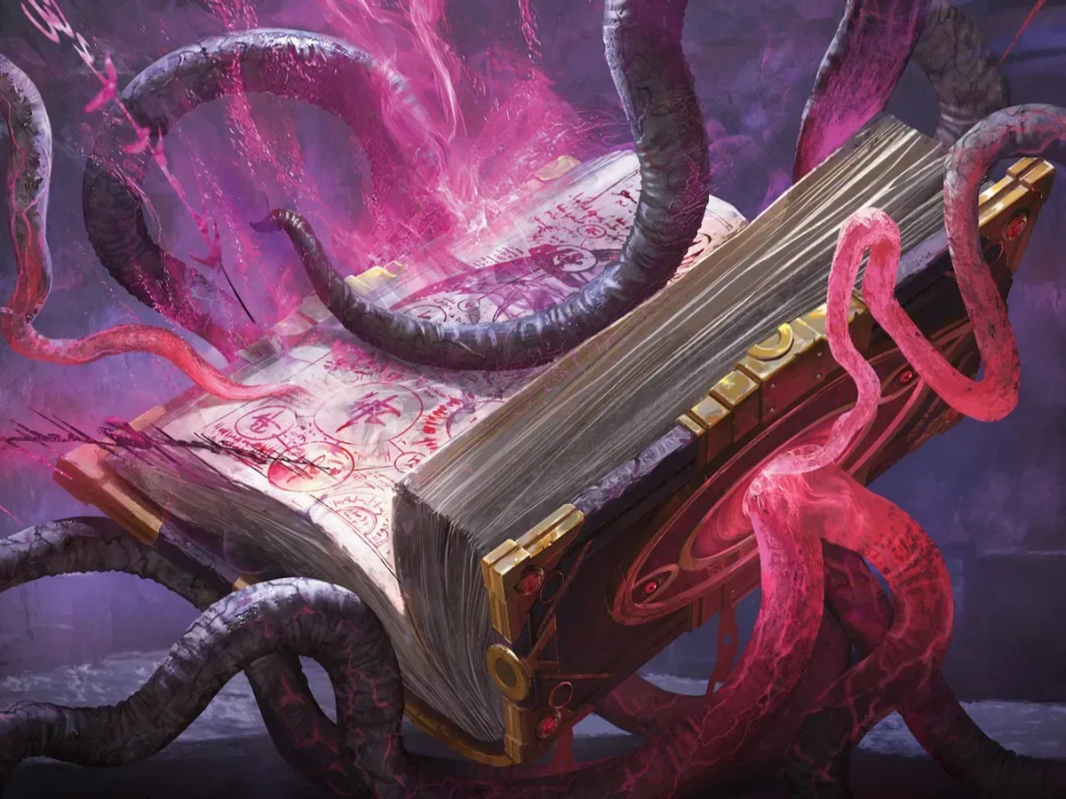 A player sorting Magic: The Gathering cards while considering deck updates