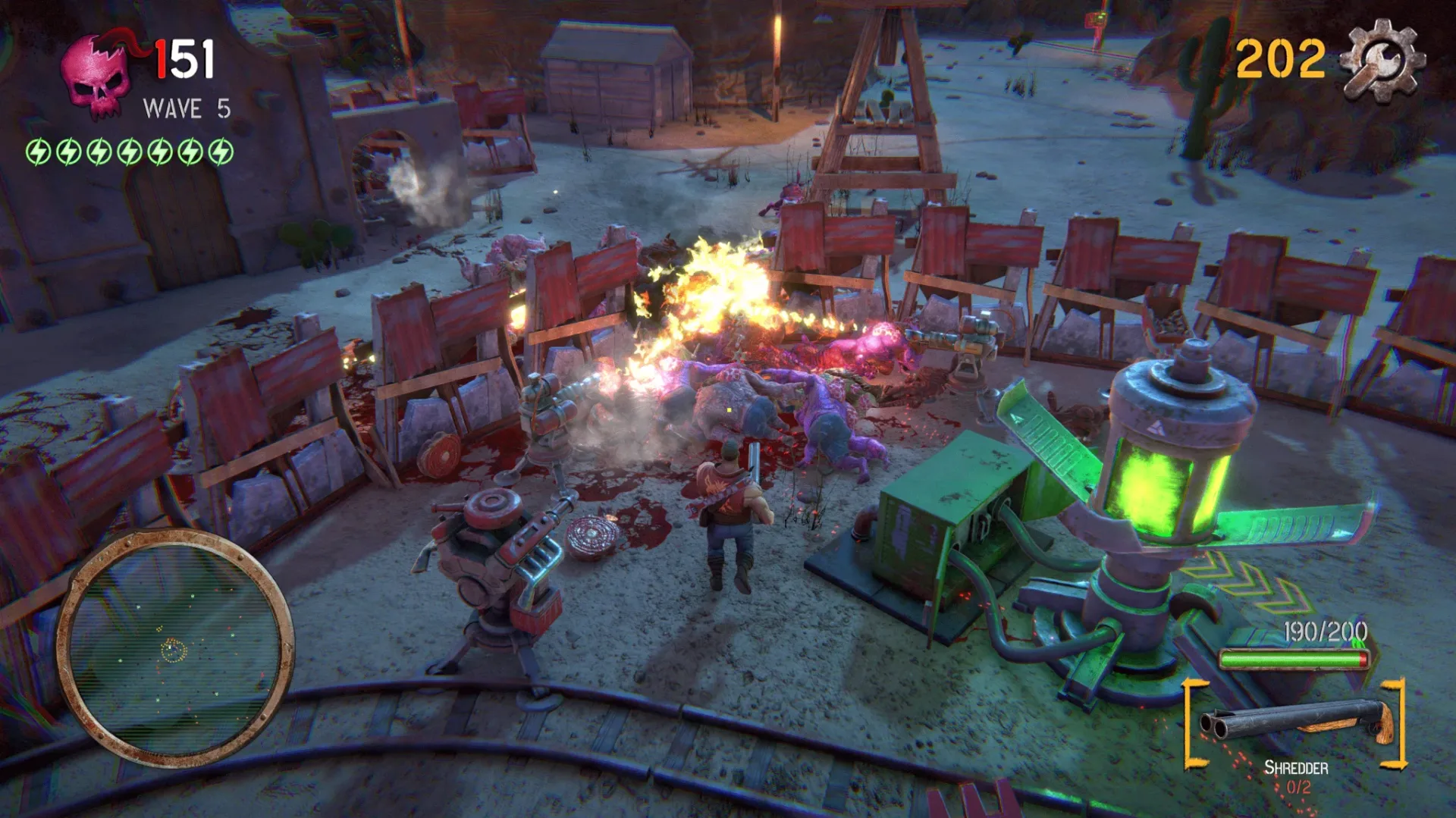 Survive ’Til Dawn! co-op players fighting near scrap-built fortifications