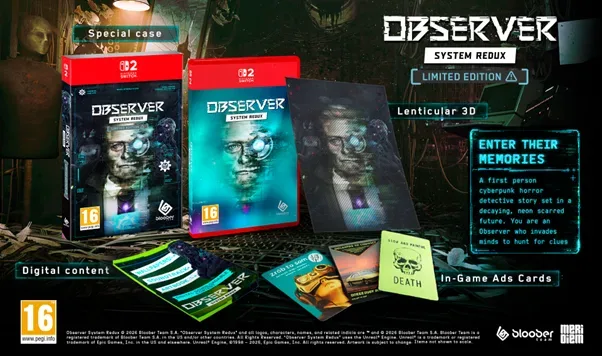 Daniel Lazarski investigates a neon-lit cyberpunk environment in Observer: System Redux