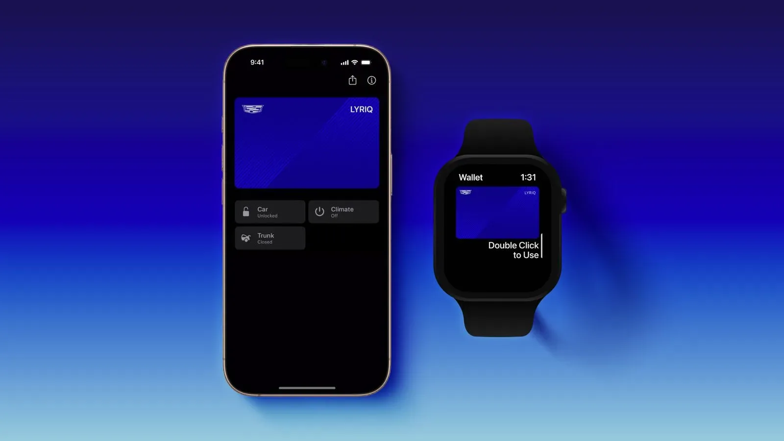 A compatible smartphone displaying a digital car key beside a Cadillac vehicle
