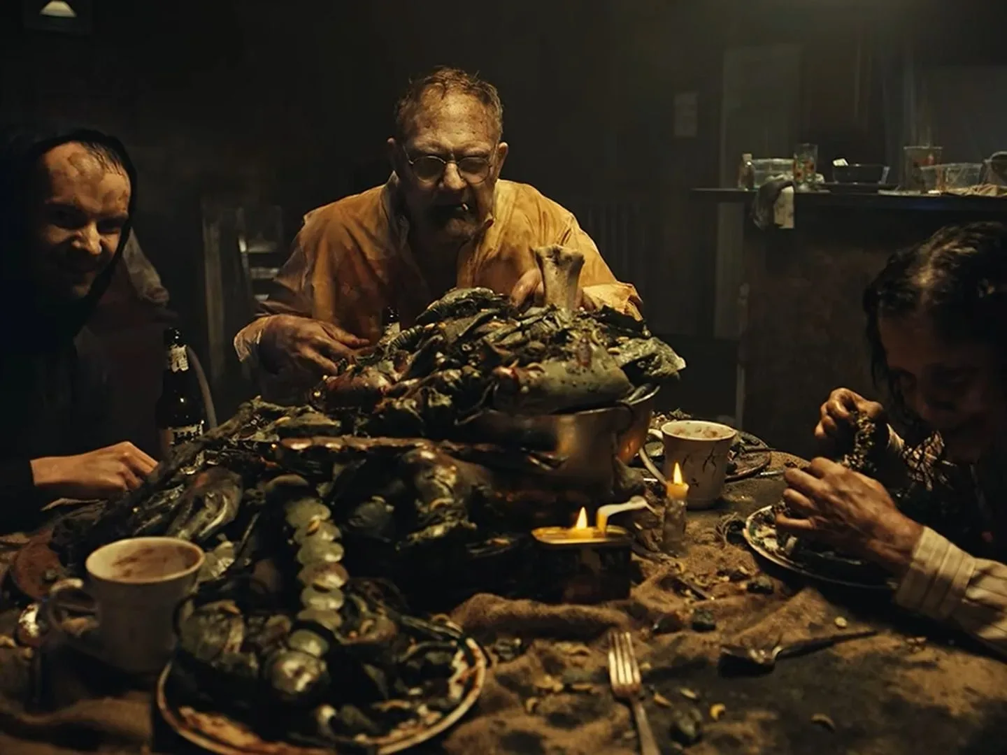 The Baker family chows down on rotten food and sneers at the camera