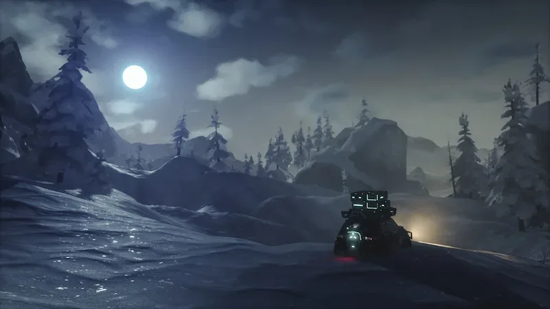 AfterZero: The Last Drive gameplay scene featuring snow-covered exploration and survival driving