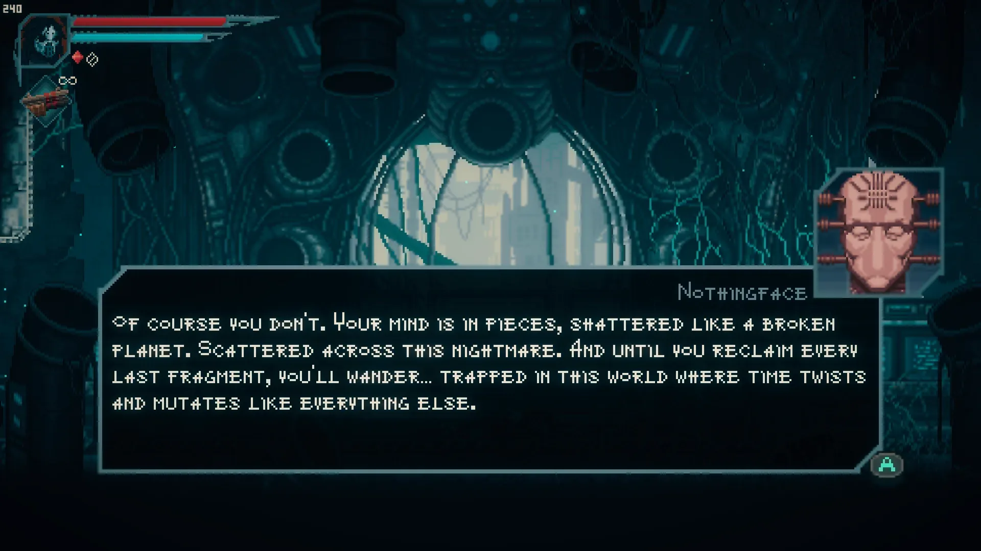 The Voivod faces a biomechanical enemy in pixel-art action