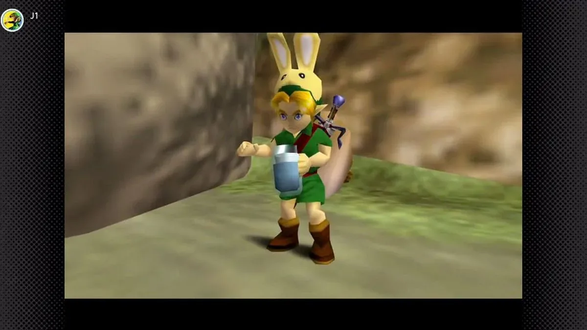 Link stands near a boulder after a reported Spin Dash and water glitch in Majora's Mask
