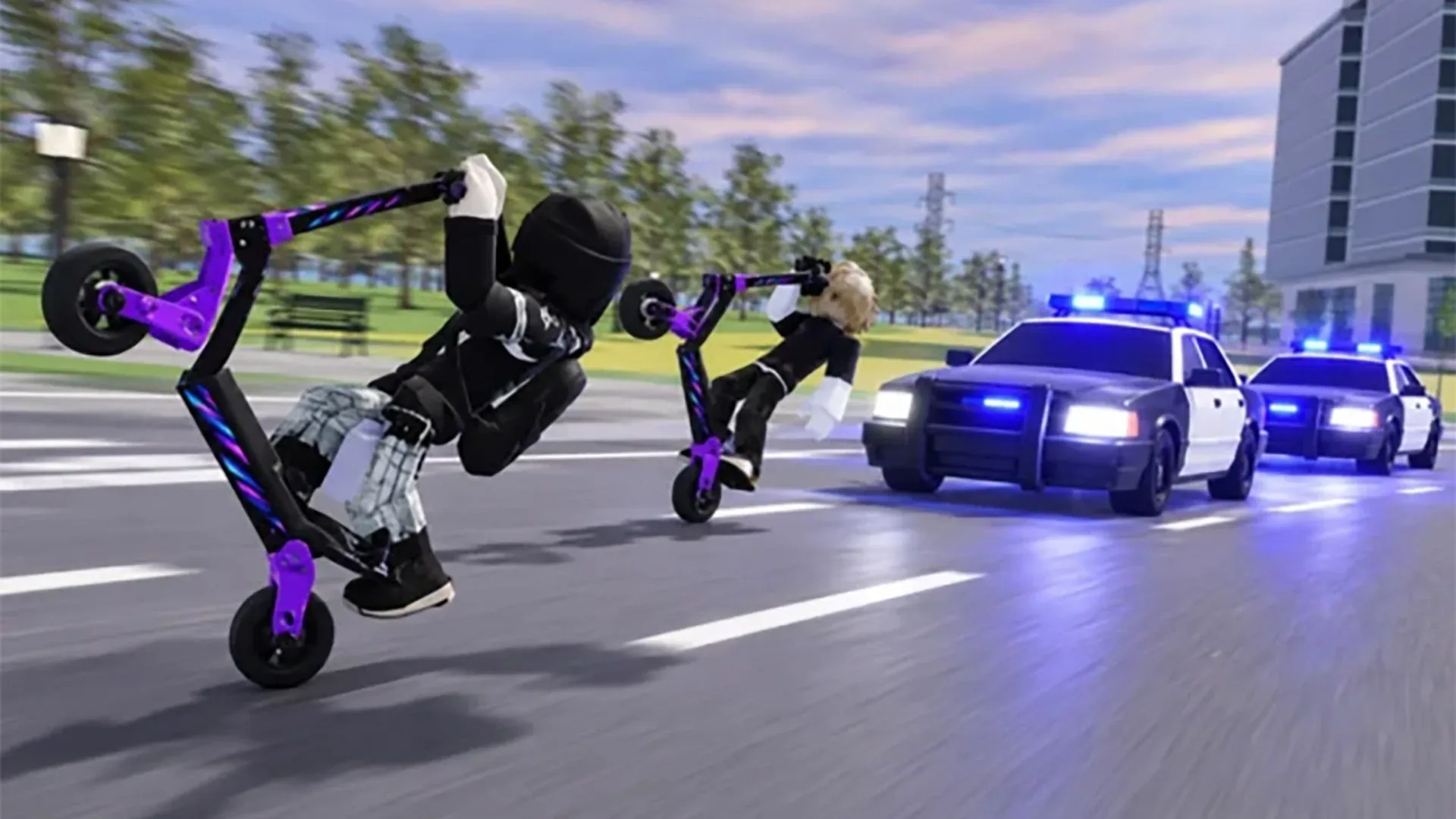 Press shot for Kukirin Life codes showing two players performing wheelies on e-scooters while being chased by several police cars