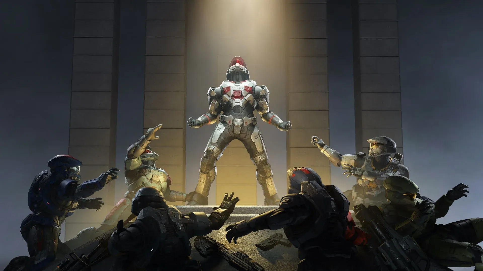 Halo Spartan overlooking a large Zeta Halo battlefield in a conceptual multiplayer scene