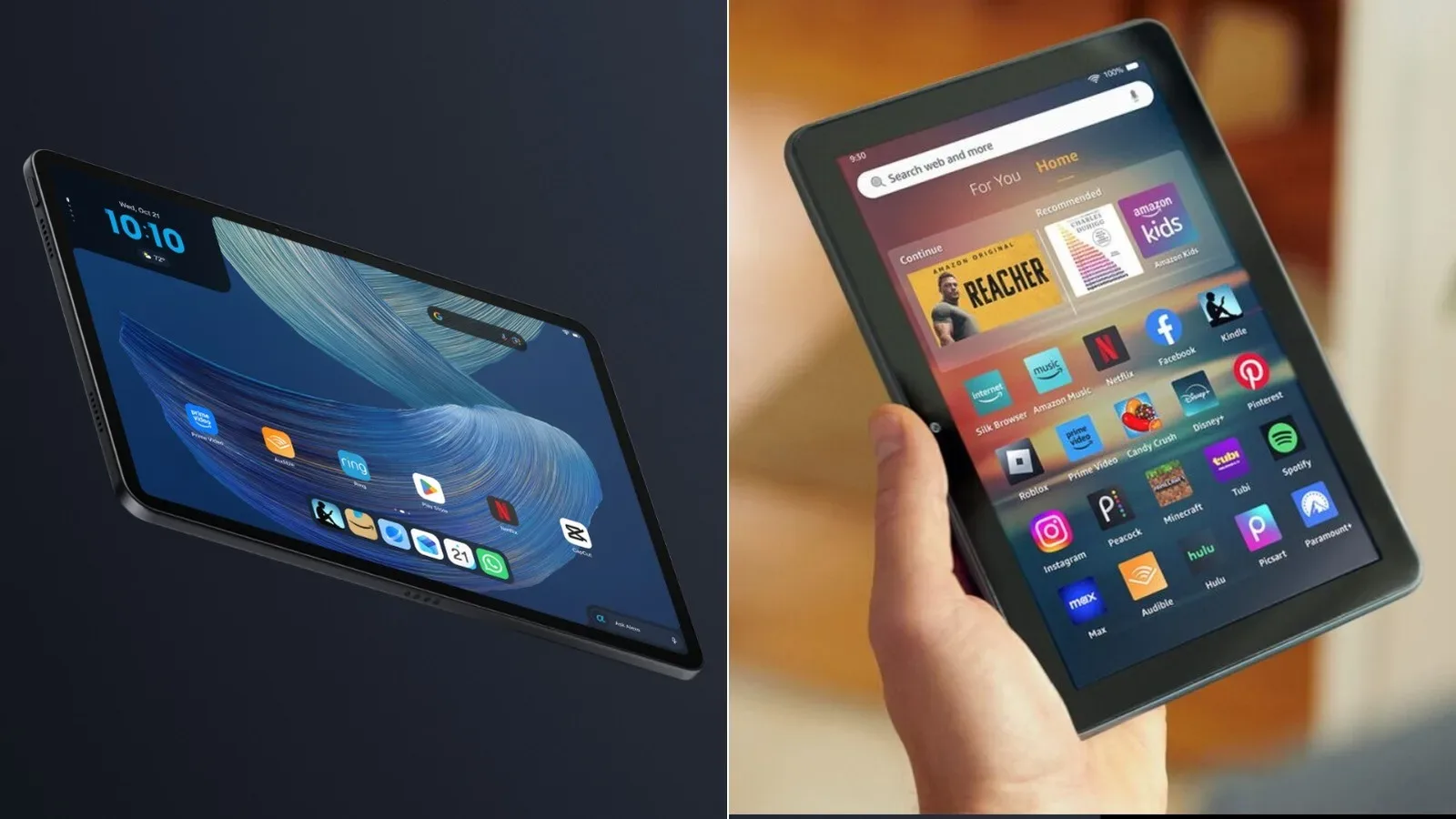 Amazon Alexa Tablet 12 Pro with a 12-inch display beside an Amazon Fire HD 10
