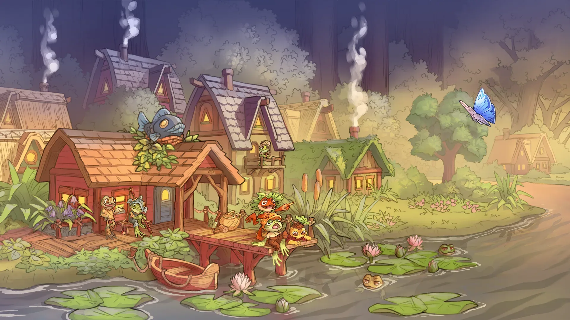 Frog settlers build a growing town in Croakwood Forest