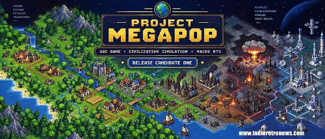 PROJECT MEGAPOP pixel-art god-game landscape with an autonomous settlement