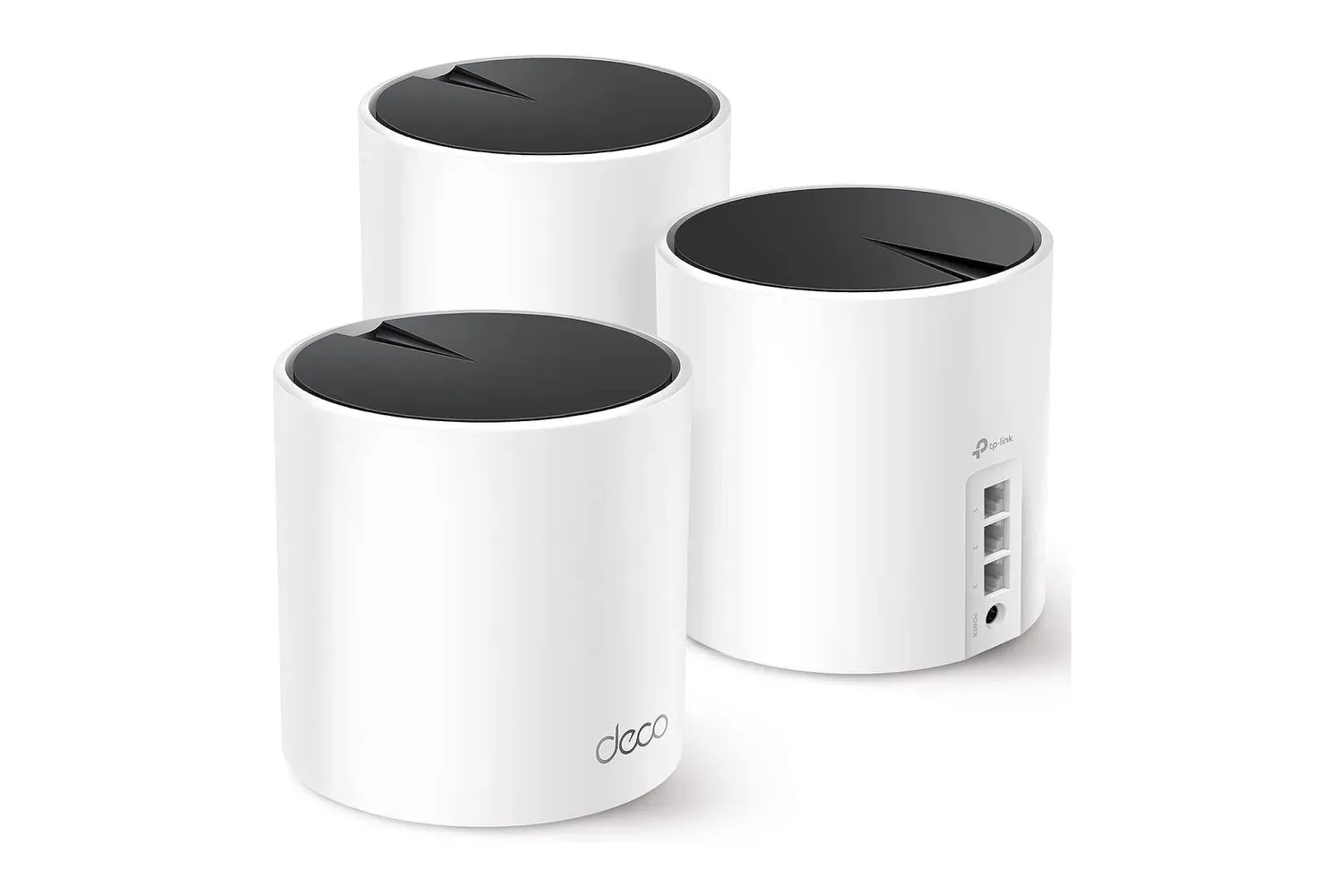 Three TP-Link Deco X55 Wi-Fi 6 mesh units arranged for whole-home coverage