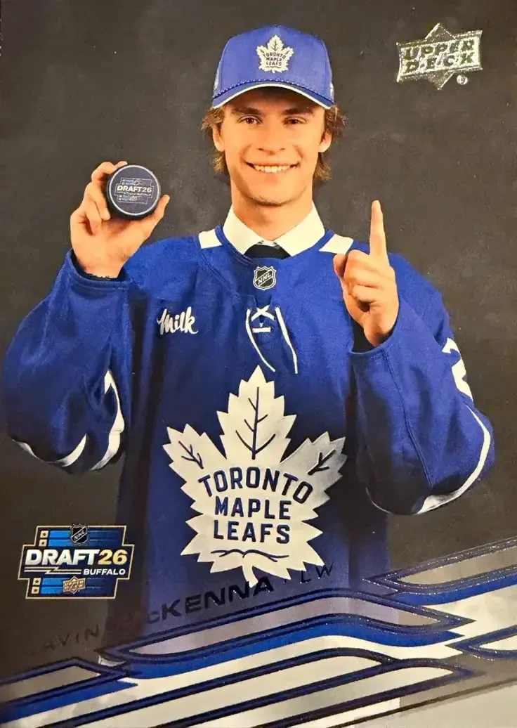 2026-27 Upper Deck Series 1 Hockey Gavin McKenna SP-1 card showing McKenna raising one finger on draft night