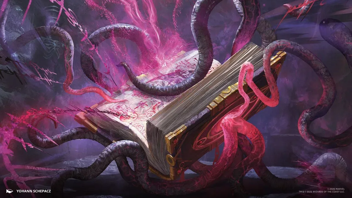 Eldritch tentacles snake out of the Darkhold in artwork for MTG Darkhold Destiny