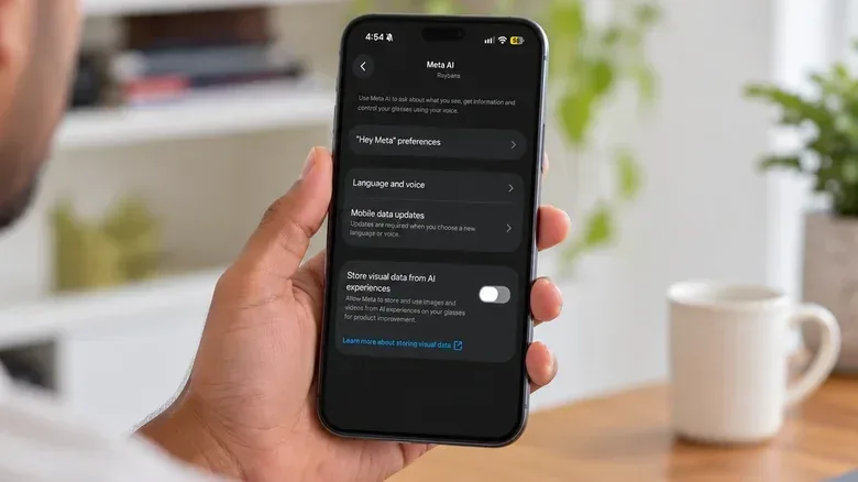The Meta AI app showing "Store visual data from AI experiences" turned off.