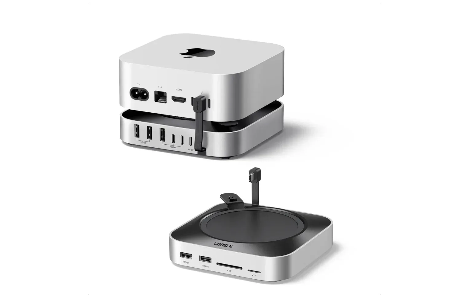UGREEN Mac mini dock and stand positioned beneath a Mac mini