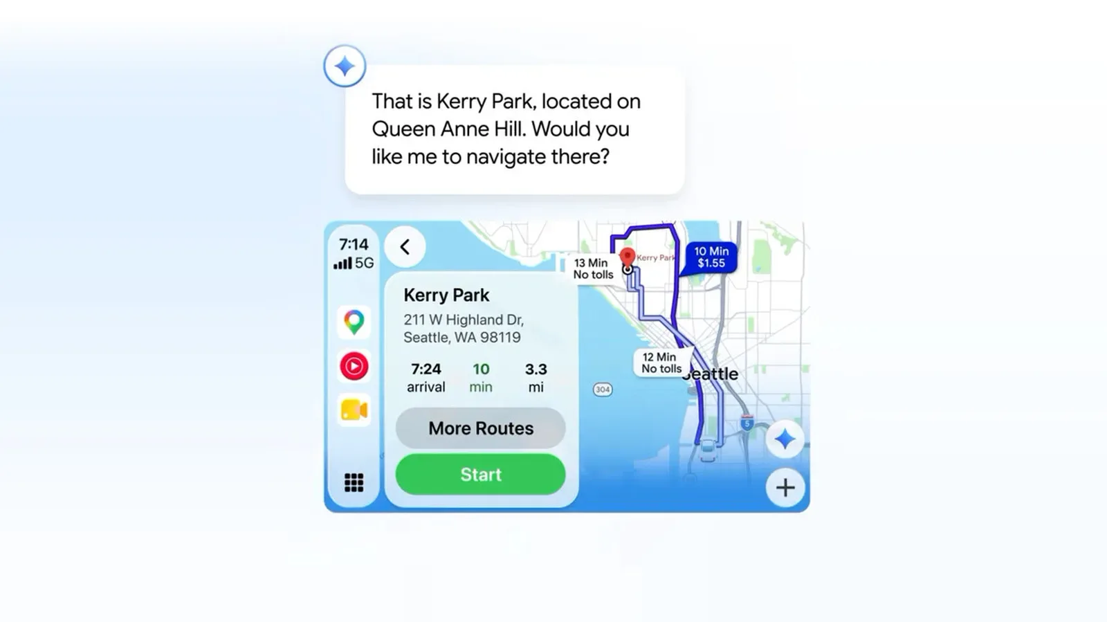 Google Maps on an Apple CarPlay display with a Gemini assistant icon in the lower-right corner