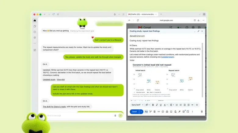 A screenshot showing a Dot named Todd helping the user draft an email.
