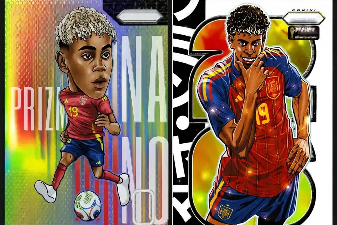Side-by-side comparison of Lamine Yamal Manga and Prizmania case-hit cards from 2026 World Cup Prizm