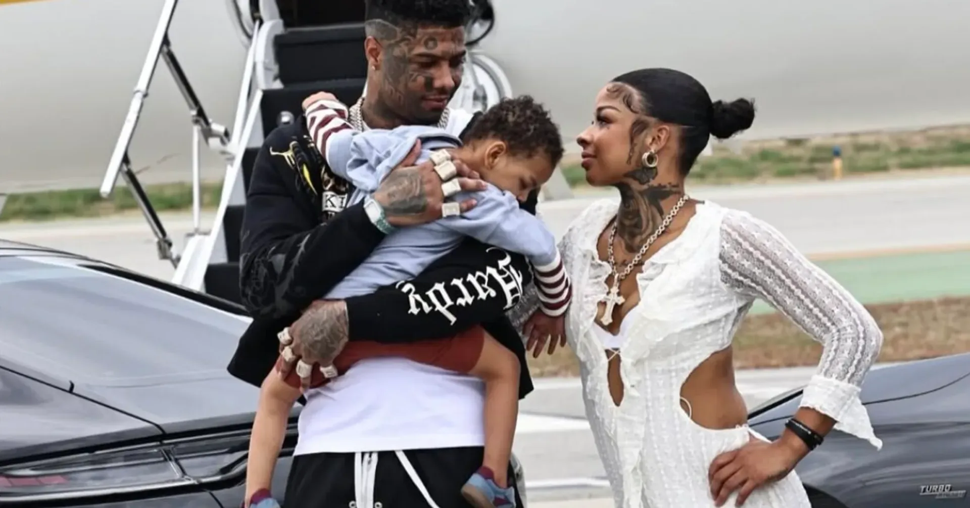 Blueface and Chrisean Rock in a wedding-themed photo shoot near a private jet