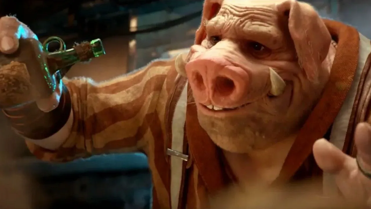Beyond Good & Evil 2 logo against a futuristic space-themed backdrop