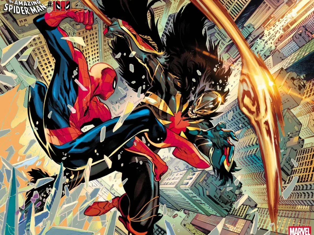 Comic shop shelves featuring superhero comic books