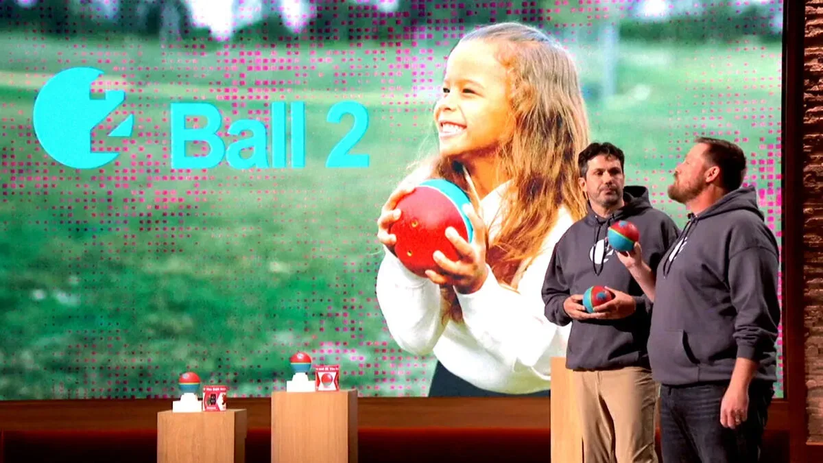 Ball 2 sensor-equipped ball shown alongside a companion app during a Shark Tank pitch