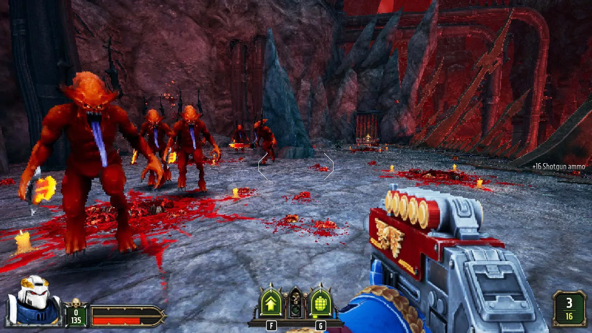 Warhammer 40,000: Boltgun 2 combat scene featuring a Space Marine fighting enemies in a gothic sci-fi environment