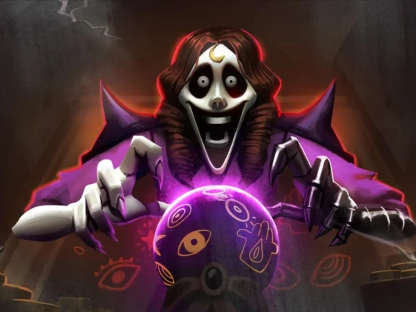 A woman looks upon a crystal ball with a manic look on her face in The Mimic on Roblox.