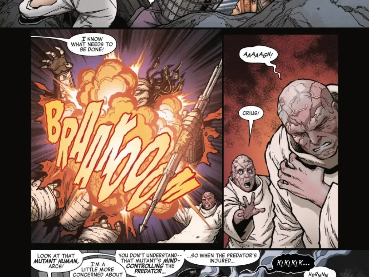 A Predator confronts factions from the Planet of the Apes crossover