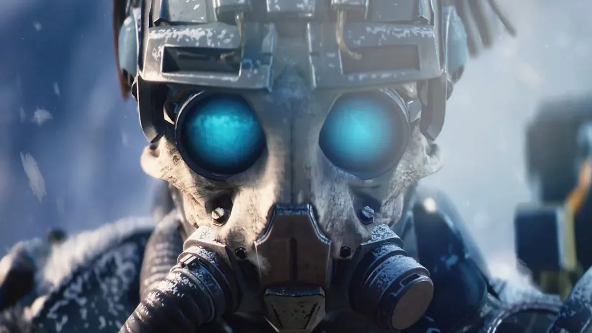 Arc Raiders player in skull helmet with blue lens eyes
