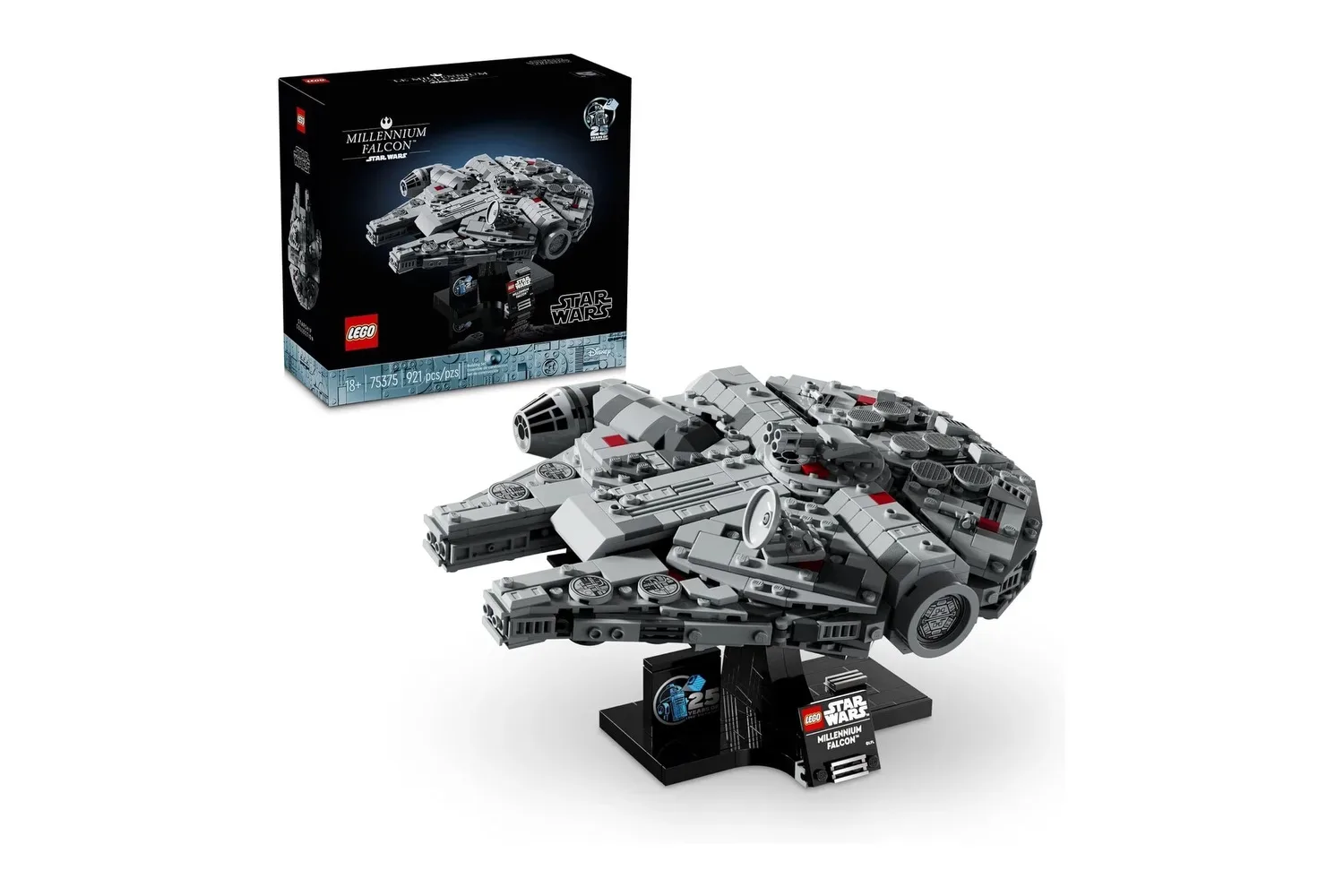 LEGO Star Wars 25th Anniversary Millennium Falcon model displayed on its angled brick-built stand