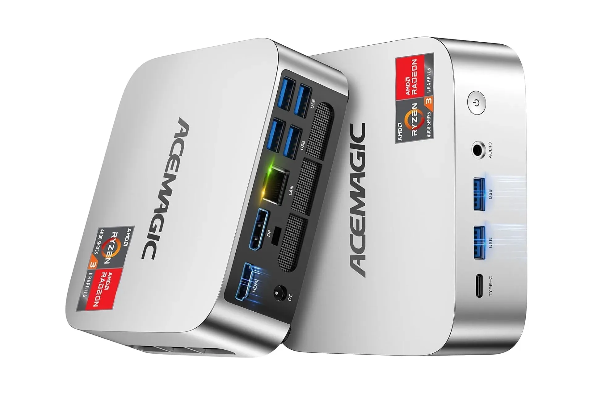 AceMagic K1 mini PC shown with its compact silver chassis and front USB ports